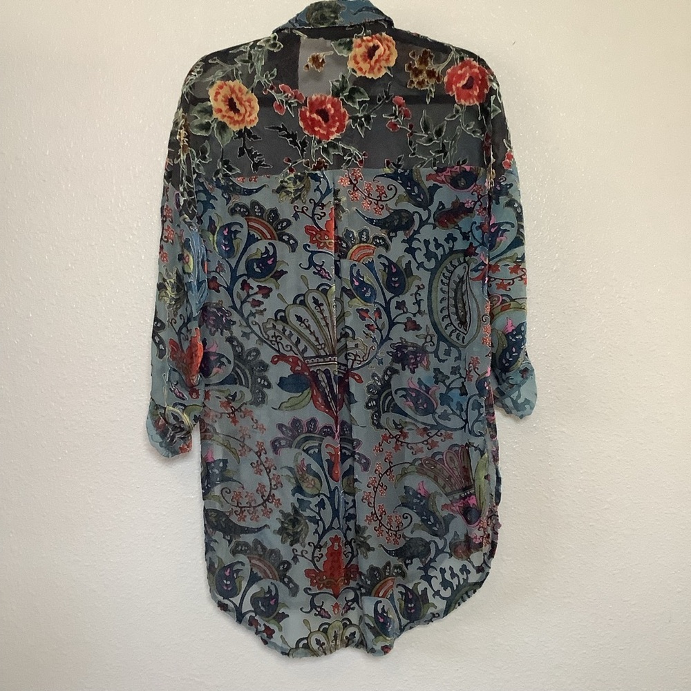 Blue Colorful Velvet Burnout Artsy Boho Hippie Lagenlook Oversized Tunic Shirt S - Picture 6 of 8